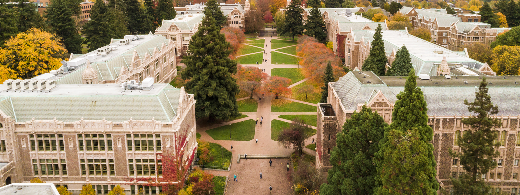 Aerial photo of the UW quad in autumn. 